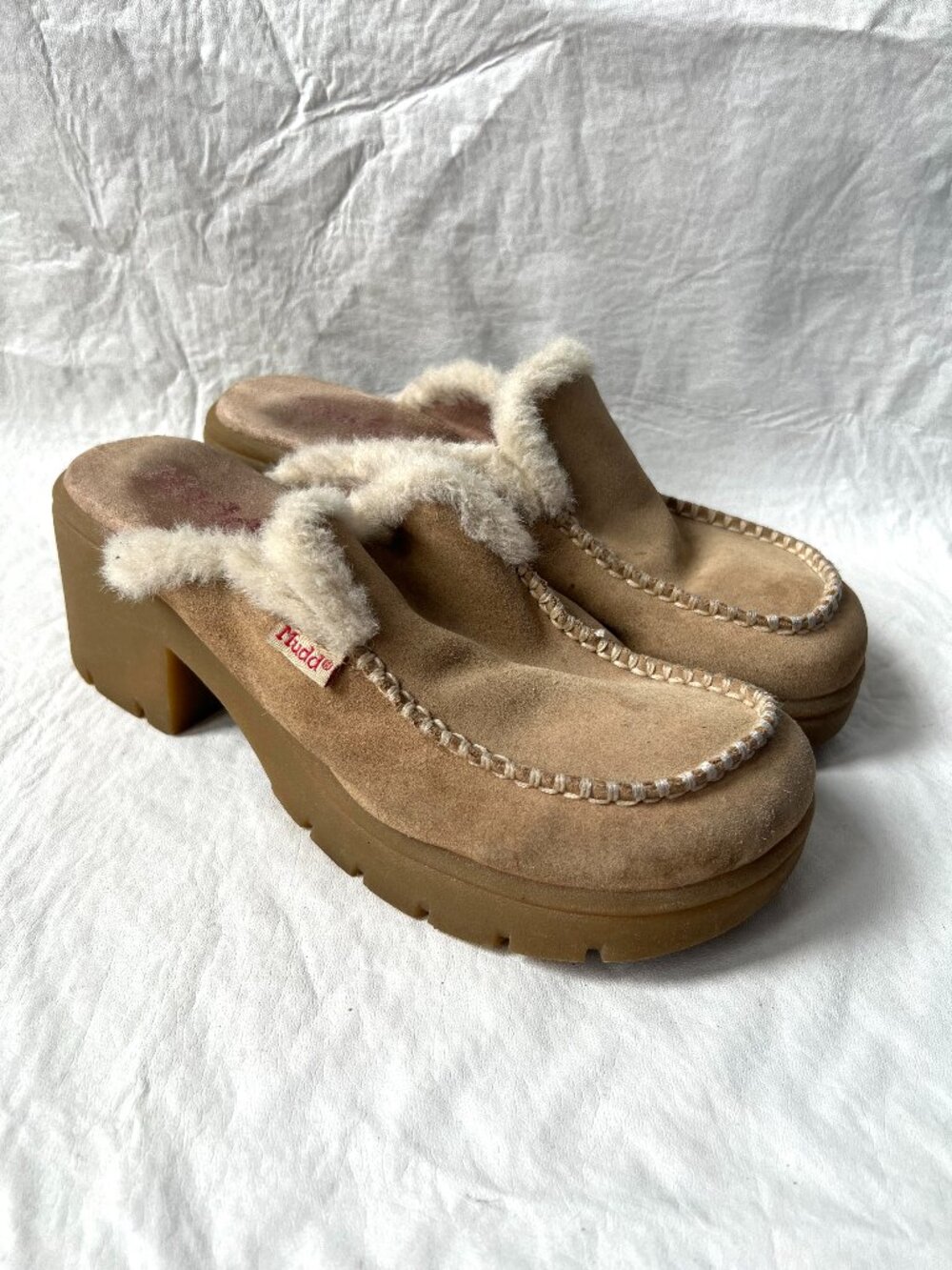 y2k shoes mules Mudd brown suede faux fur slip on womens 11 platform block heel
